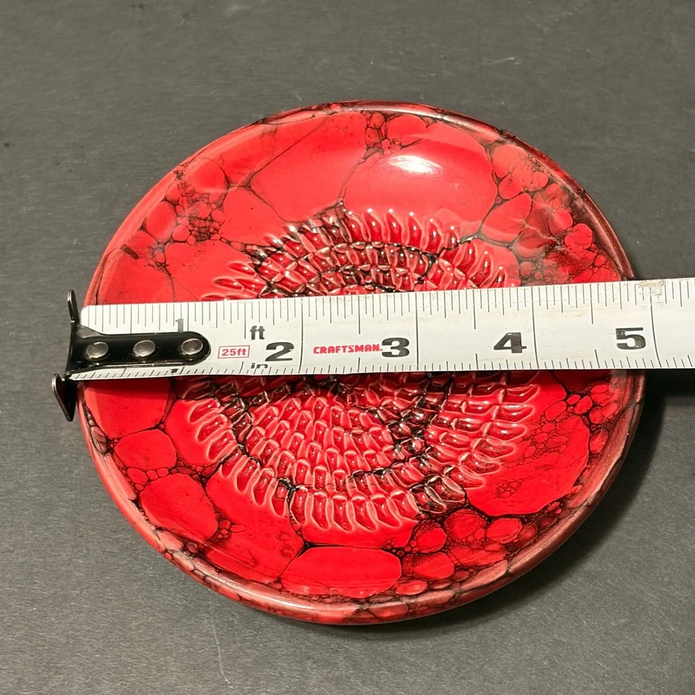 Red Artisan Ceramic Garlic Grater Plate Black Marble Bubble Glaze 4.75 Inch